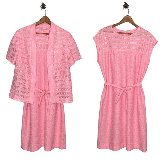 Vintage 70s Size 14‎ Pink Nubby Tweed 3 Piece Belt Cardigan Dress Matching Set - Picture 1 of 6